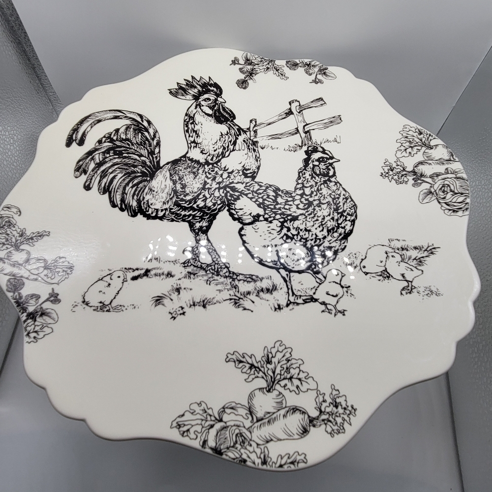 Barnyard Toile Cake Stand Plate Andrea by Sadek 13" Diameter Rooster Goose Hen - Picture 2 of 12